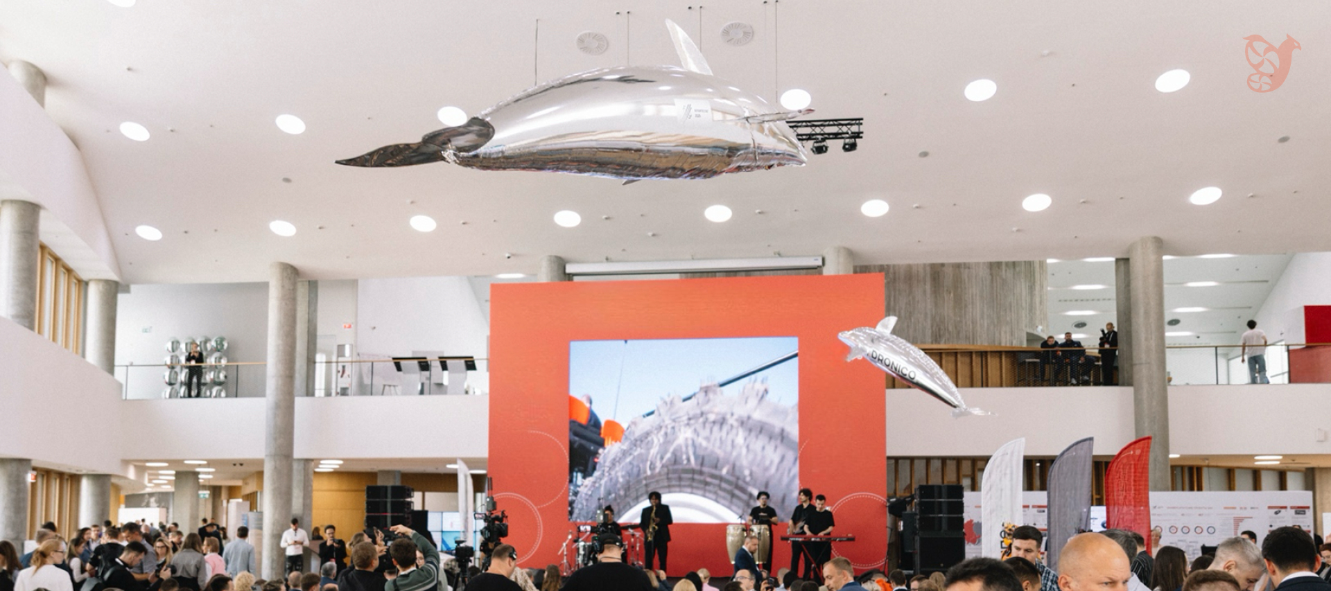 Radio-controlled dolphins in flight indoors