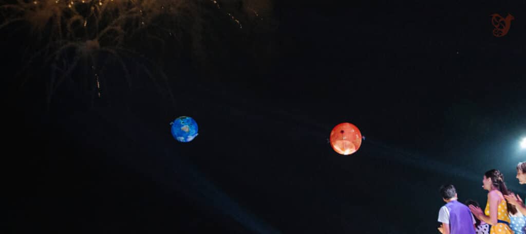 Radio-controlled spheres in the air at an outdoor venue