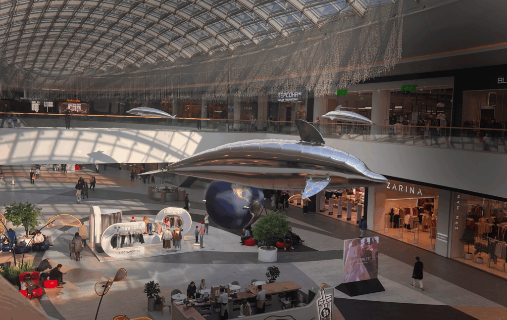 Flying dolphins in a shopping mall