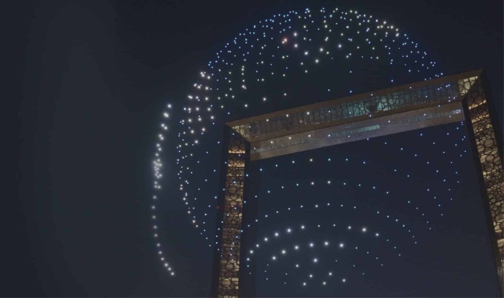 Outdoor drone show at Dubai Frame